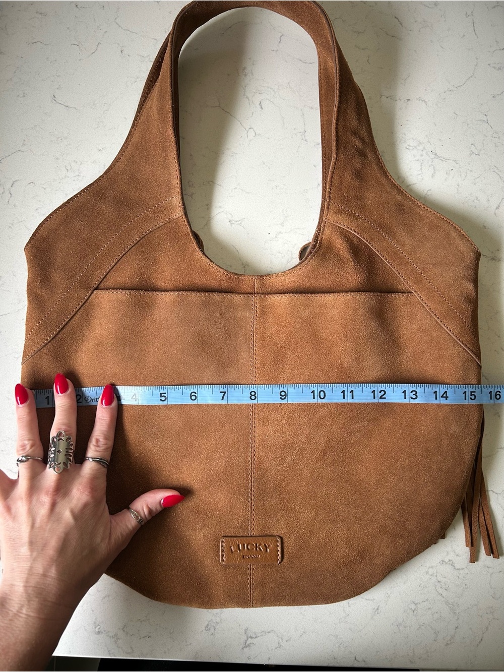 🍀Lucky Brand Nyra Suede Leather Fringe Tote Shoulder Bag in Rust Brown - Picture 7 of 16